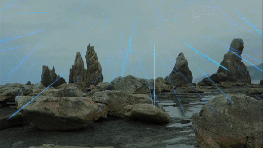 a gif with streaks representing muons raining down on a beach