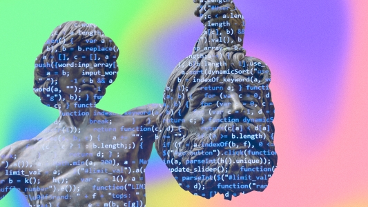 A statue of a man holding an open-source computer with a rainbow background.