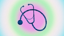 an illustration of a stethoscope filled with computer code on a colorful background